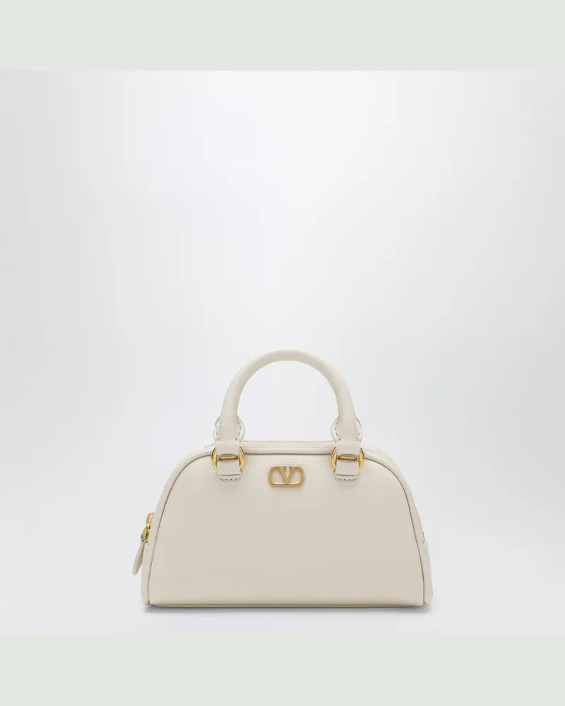 Valentino Garavani Elfenbeinfarbene Mini-Bowlingtasche VLogo Signature aus genarbtem Kalbsleder White