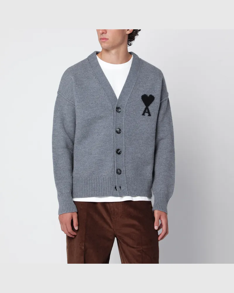 AMI Paris Graue Ami De Coeur Strickjacke aus Merinowolle Grey