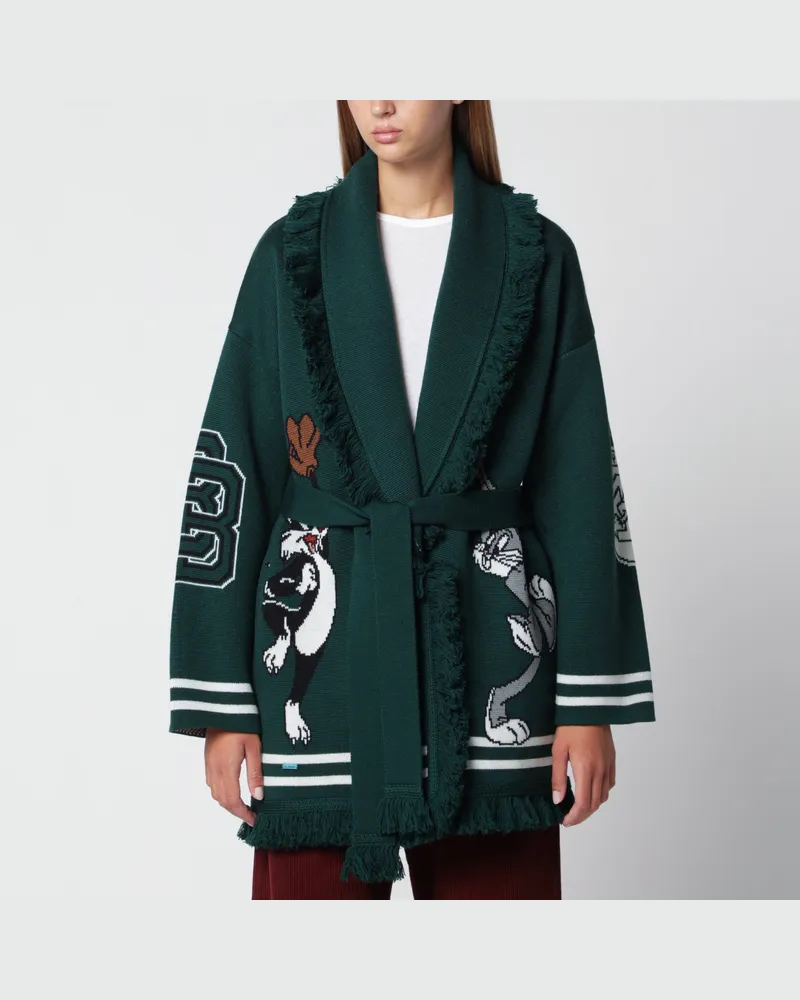 Alanui Waldgrüner Cardigan aus Wolle mit Bugs Bunny und Sylvester Green