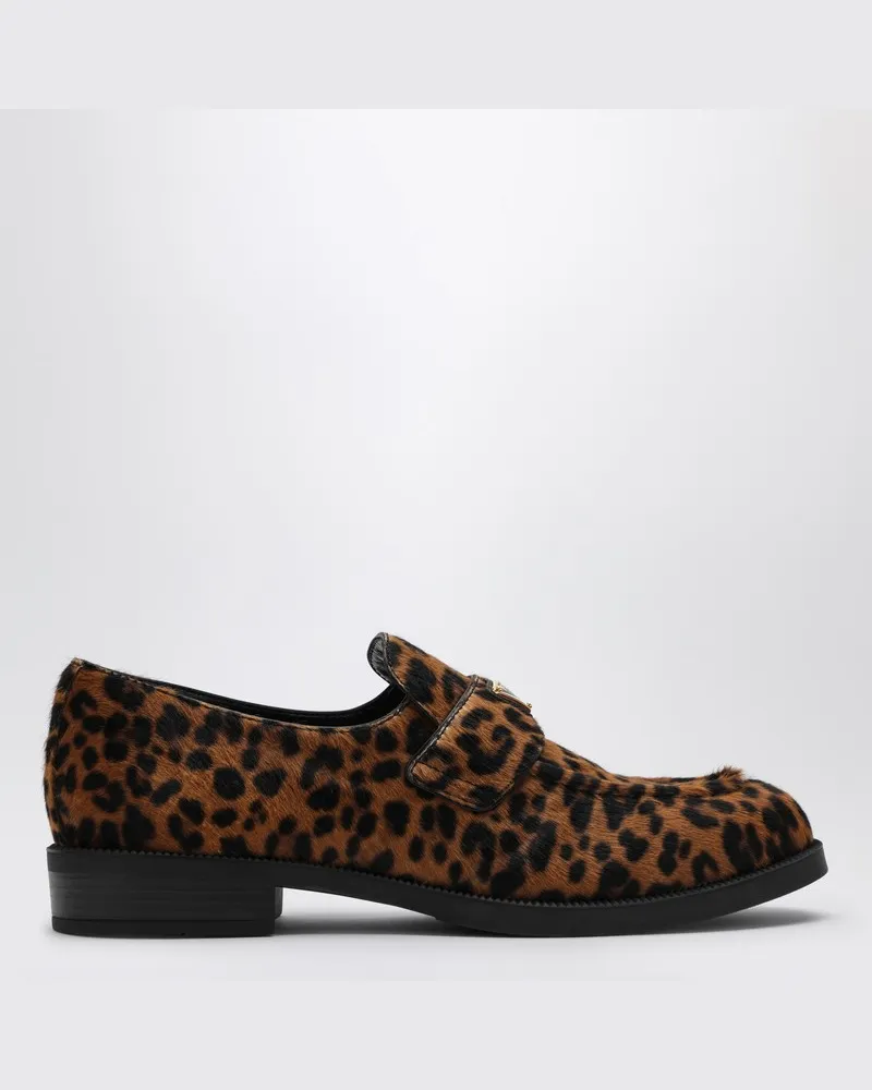 Prada Slipper aus Leder mit Cavallino-Optik und Leopardenmuster Braun