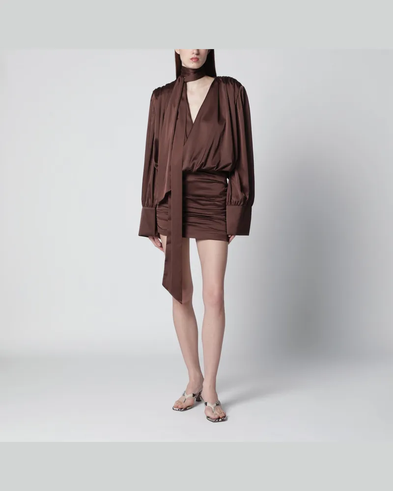 ROTATE Birger Christensen Kurzes Chiffonkleid mit tiefem V-Ausschnitt in Braun Brown