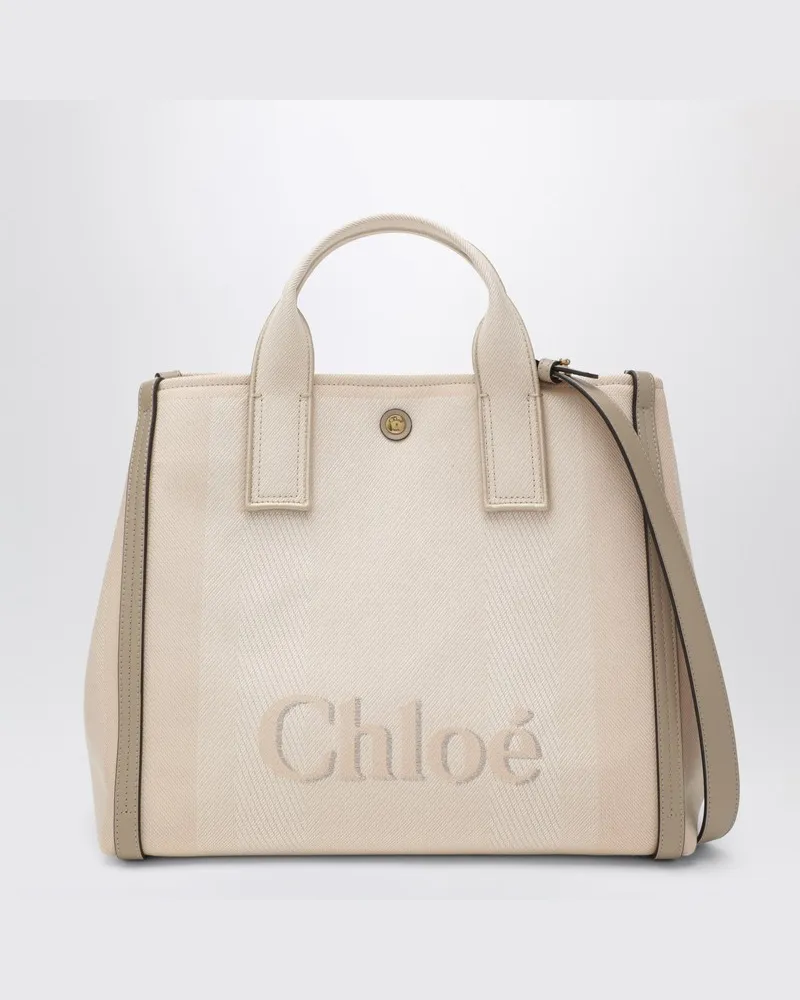 Chloé Carry Tote Bag aus rosé-beigefarbener gestreifter Leinwand Rosa
