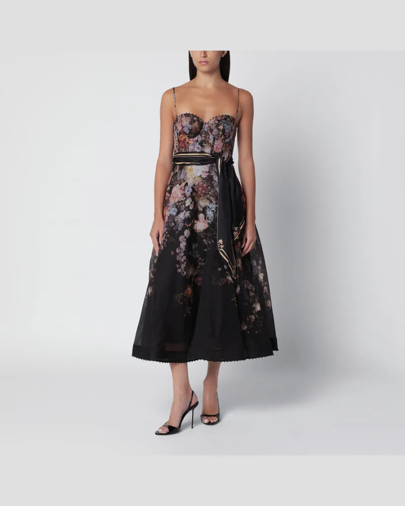 Zimmermann Valiant Midikleid mit Blumenmuster aus Seide und Leinen Black