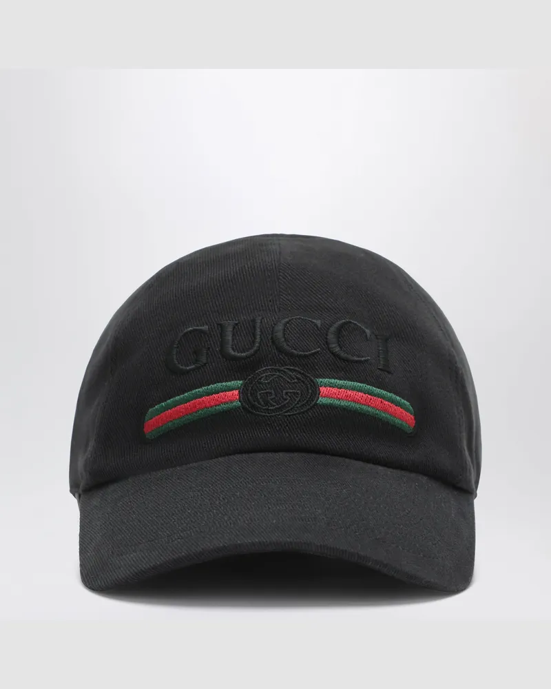 Gucci Baseballkappe aus schwarzer Baumwolle mit gesticktem Logo Black