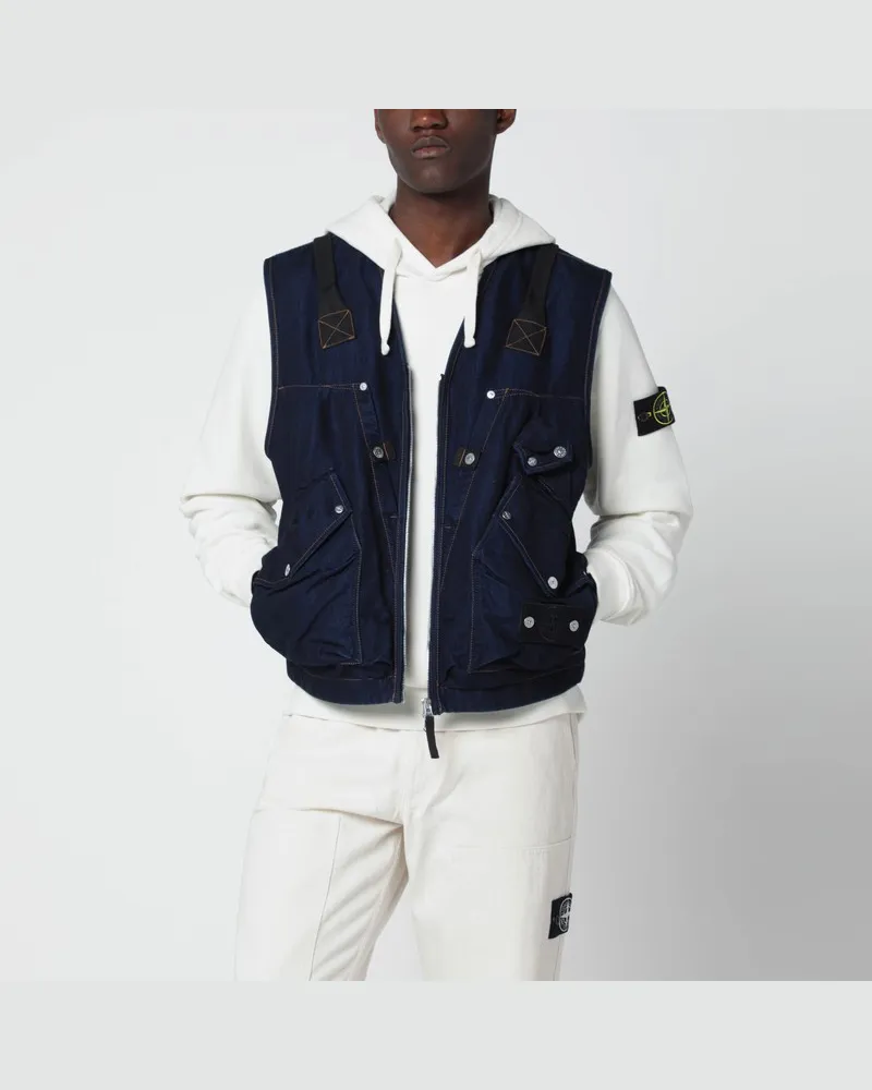 Stone Island Indigoblaue Weste mit Reißverschluss aus Baumwollmischung Blau