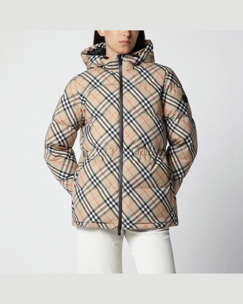 Burberry Daunenjacke mit Kapuze aus Check-Nylon in Sand Beige