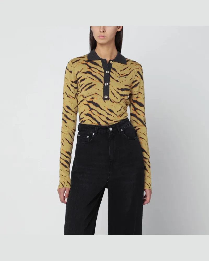 Ganni Khakifarbenes Poloshirt mit Zebra-Print Mehrfarbig