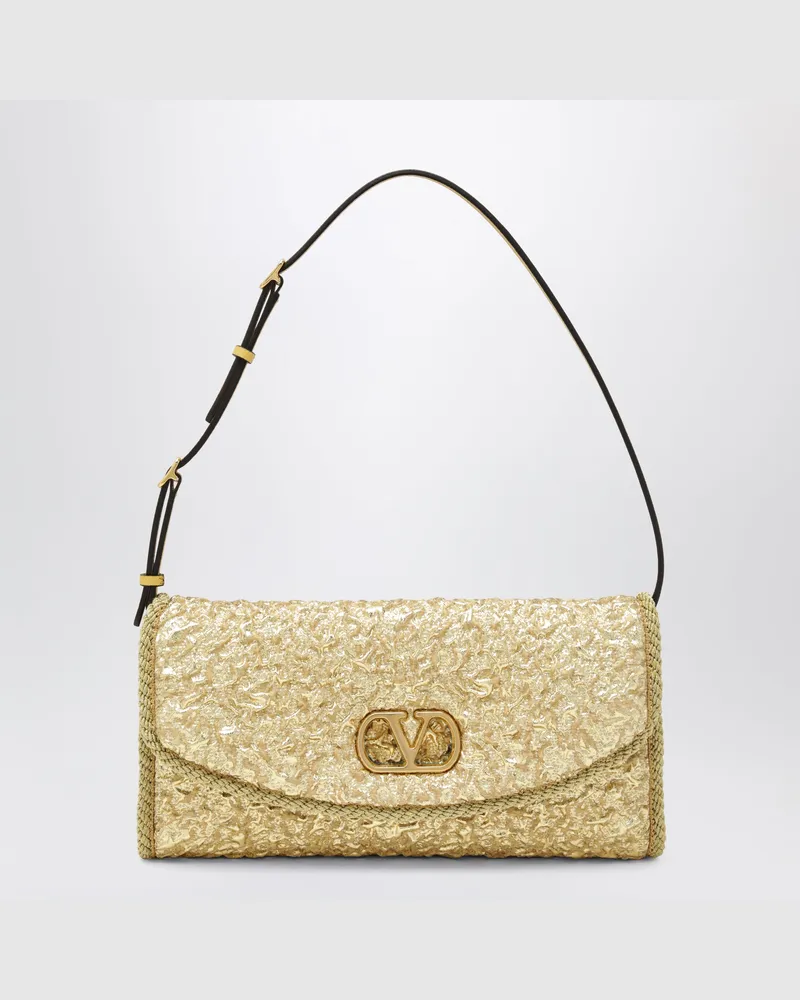 Valentino Garavani Kleine DeVain Tasche aus goldfarbenem Cloqué-Jacquardstoff Beige