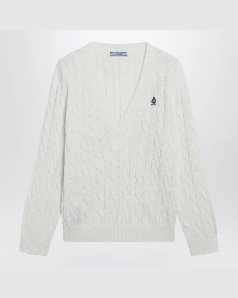 Prada Weißer Pullover mit V-Ausschnitt und Zopfmuster White