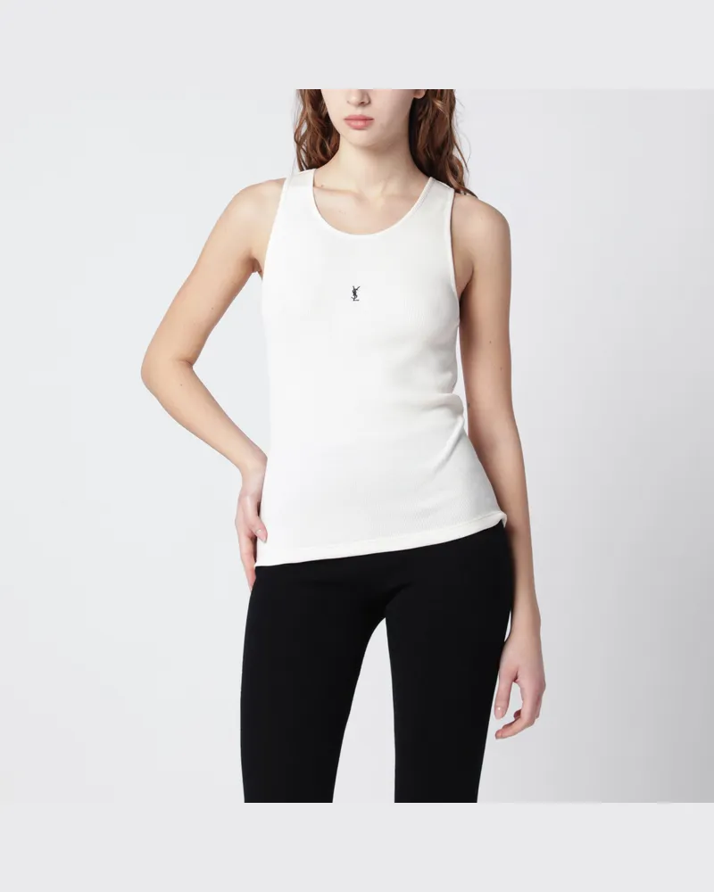 Saint Laurent Schwarzes geripptes Tanktop mit Logo White