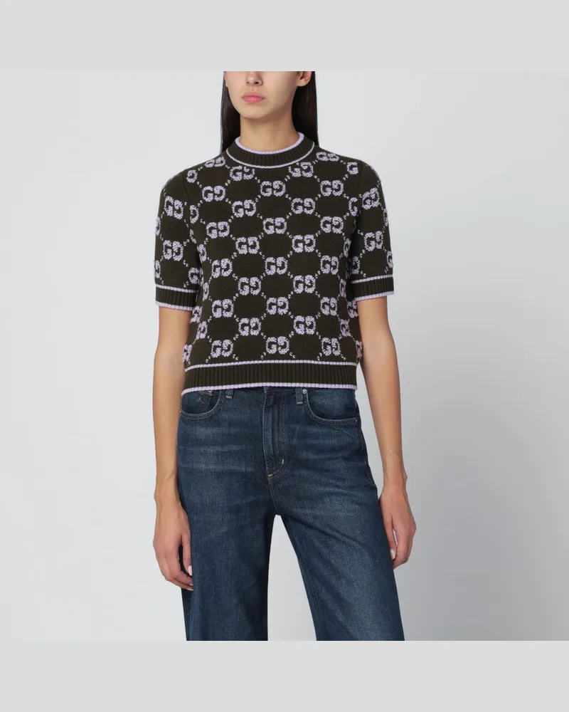 Gucci Pullover in Militärgrün/Lila mit GG-Jacquard-Bouclé Grün