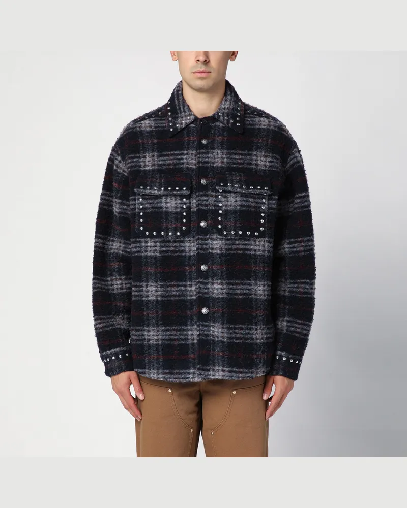 Palm Angels Hemdjacke aus marineblauer Wolle mit Karomuster und Nieten Blue