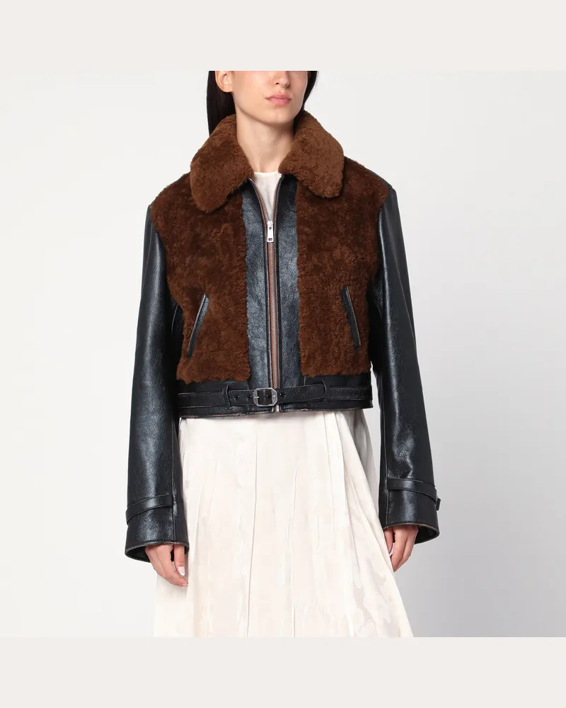 Prada Schwarze Leder- und Schaffelljacke Black