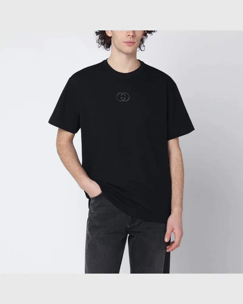 Gucci Schwarzes Baumwolljersey-T-Shirt mit Stickerei Black