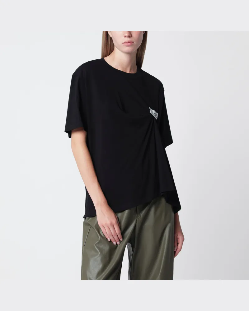 Maison Margiela Schwarzes T-Shirt mit Drapierung und Logo-Patch Black