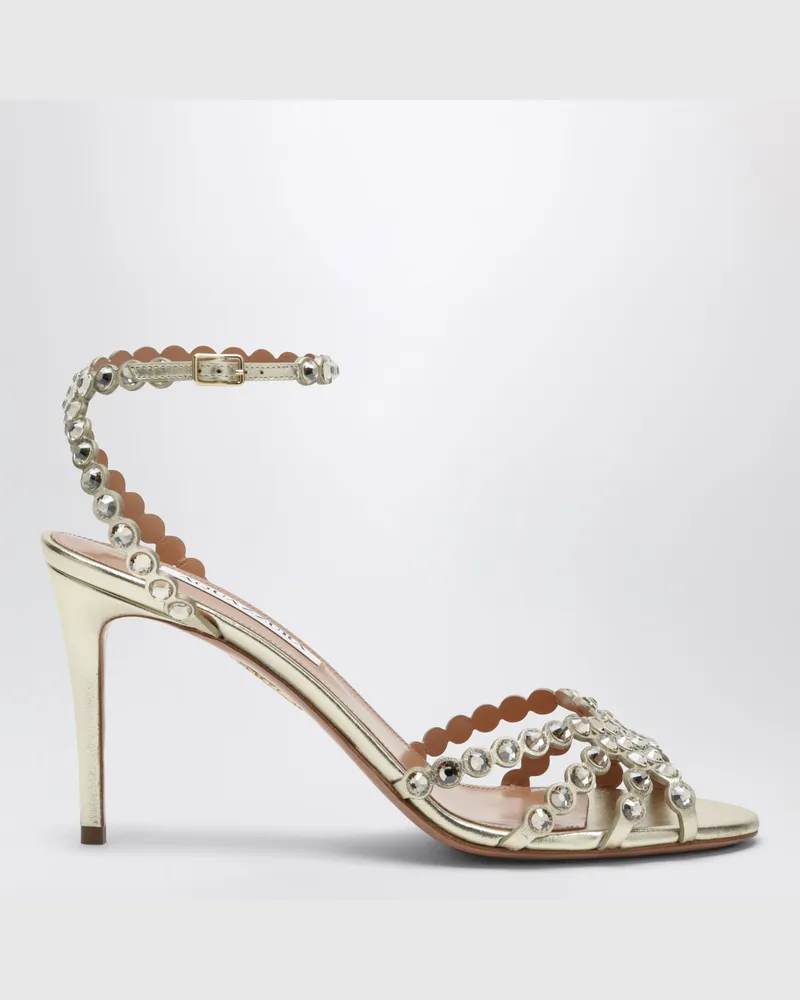 Aquazzura Platinfarbene Tequila Sandalen aus Metallic-Leder mit Kristallen Metal