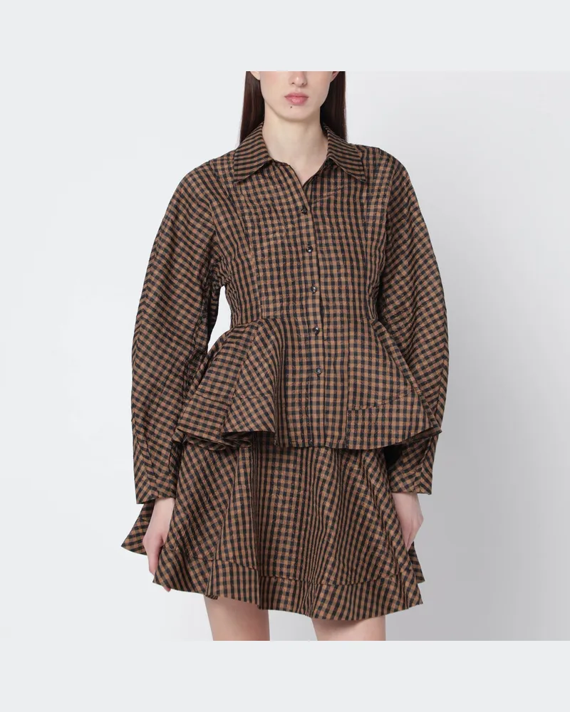 Ganni Braun/schwarze Vichy-Bluse mit Schößchen Brown