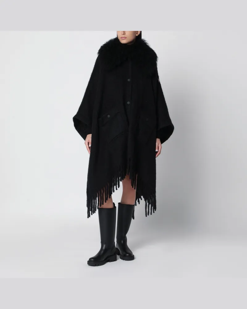 Moncler Schwarzes Cape aus Woll-, Mohair- und Alpakamischung mit Shearling-Kragen Black