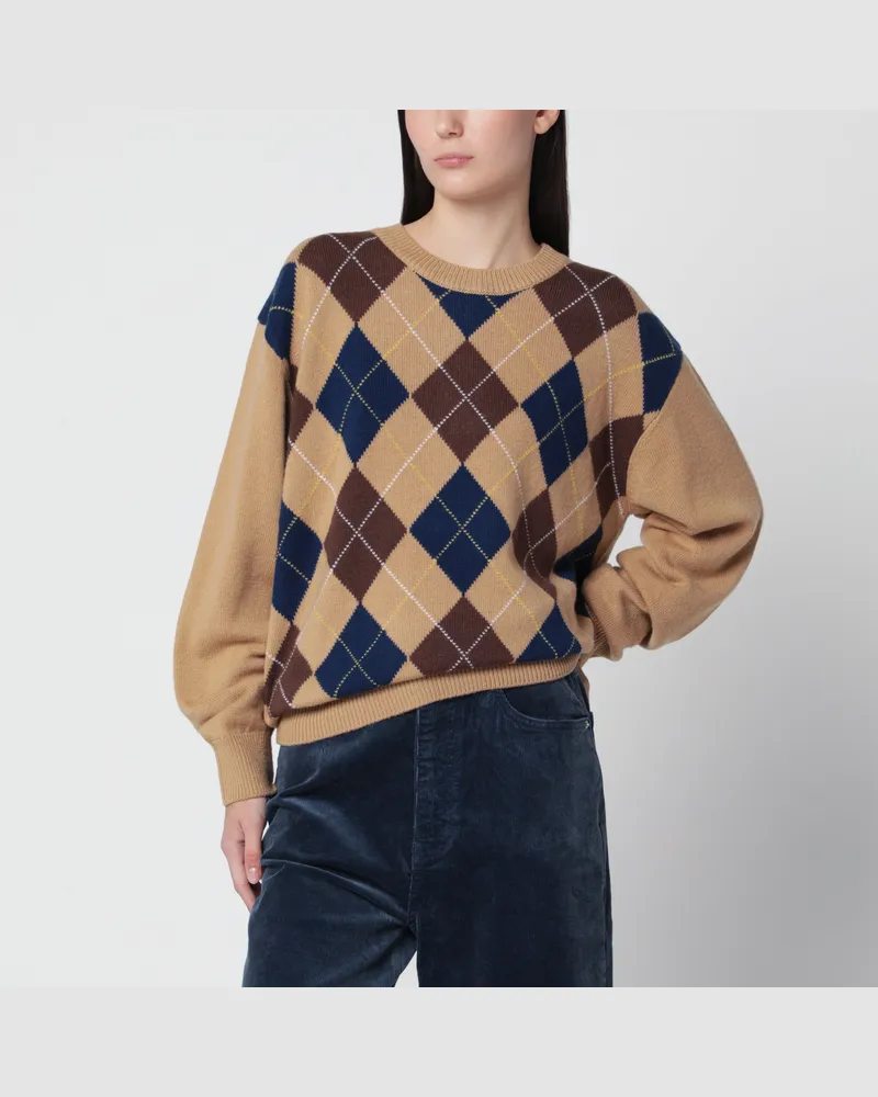 Dunst Kamelbeiger Argyle-Wollpullover mit Rundhalsausschnitt Beige