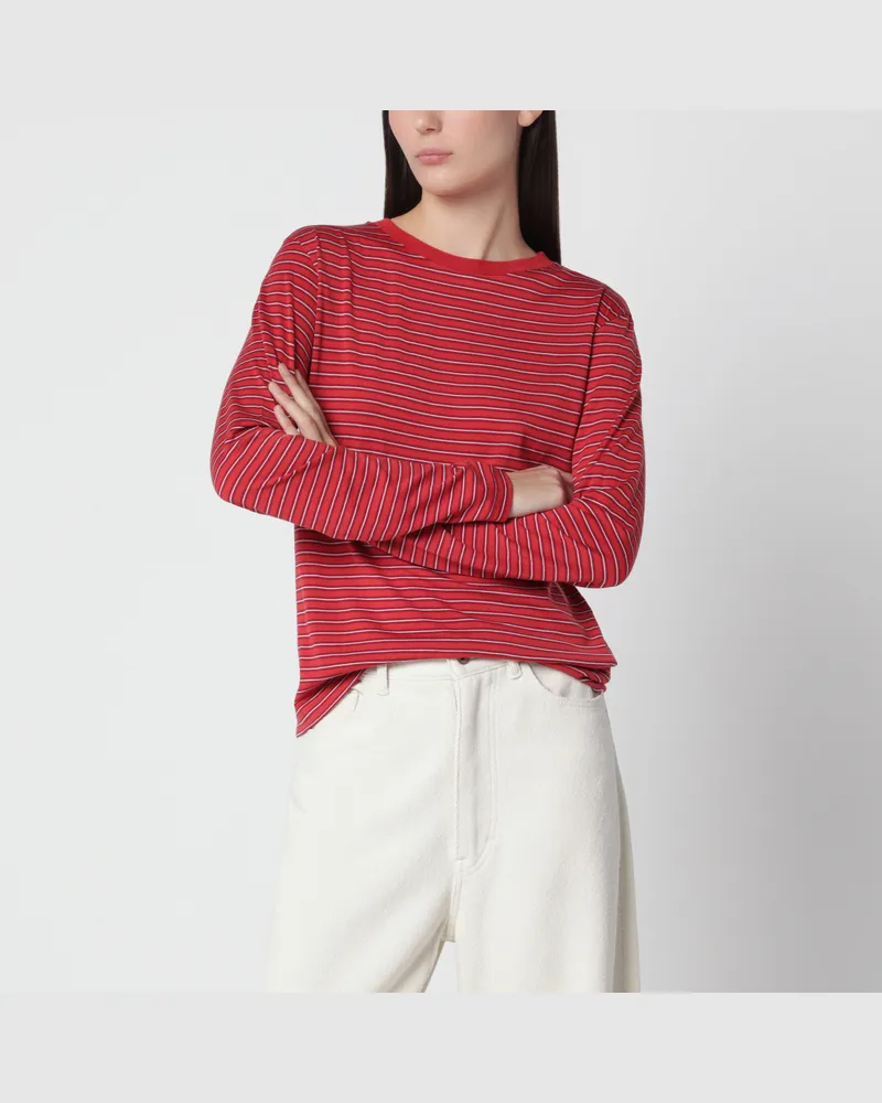 AURALEE Rotes gestreiftes T-Shirt aus Wolle Red