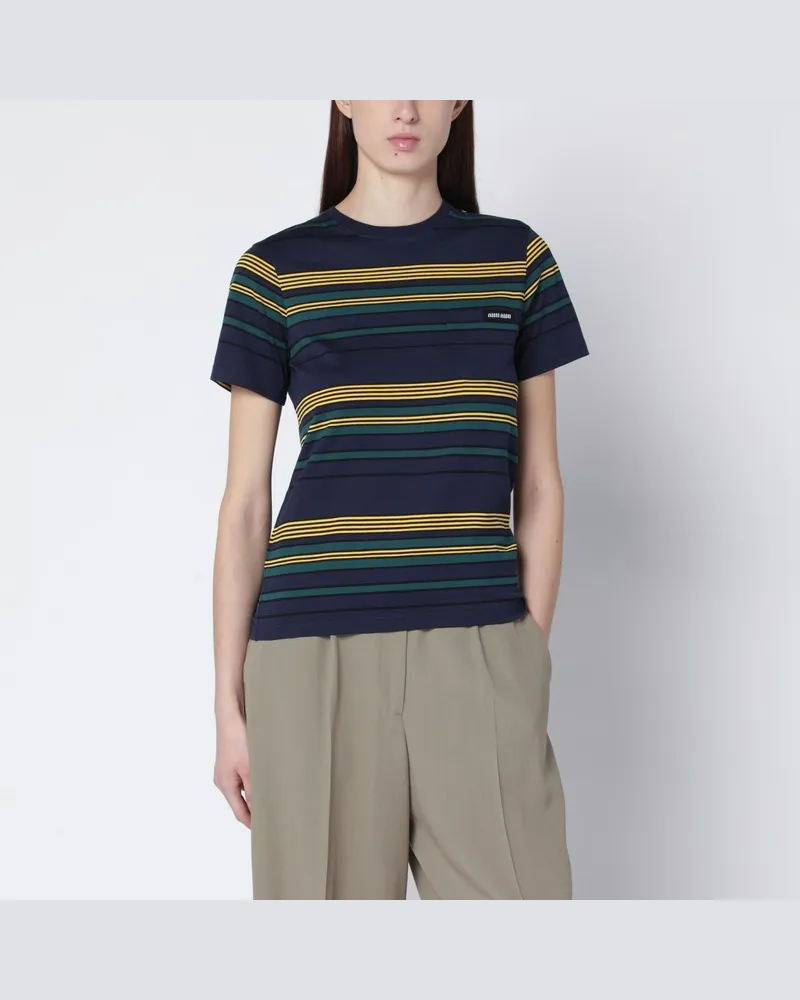 Miu Miu Blau/flaschengrünes gestreiftes Jersey-T-Shirt Blau