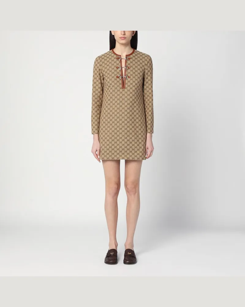 Gucci Beiges Kleid aus GG-Gewebe mit Trensenspange Braun