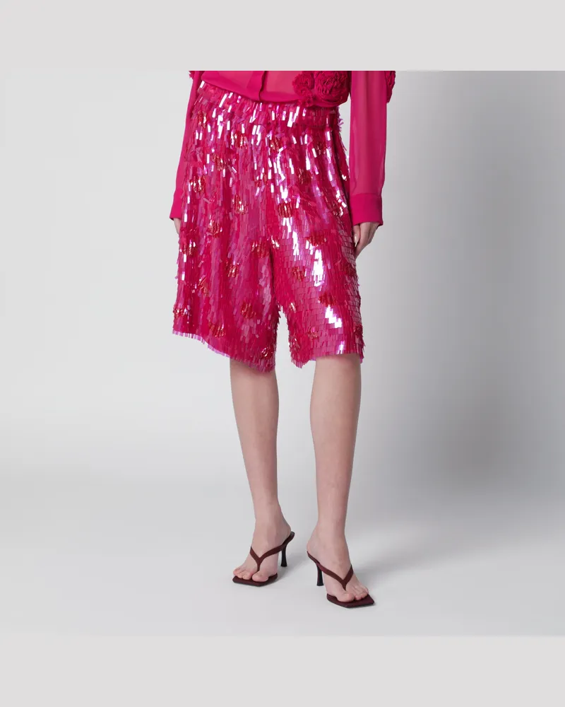 Dries van Noten Fuchsiafarbene Seiden-Bermudashorts mit Pailletten Pink