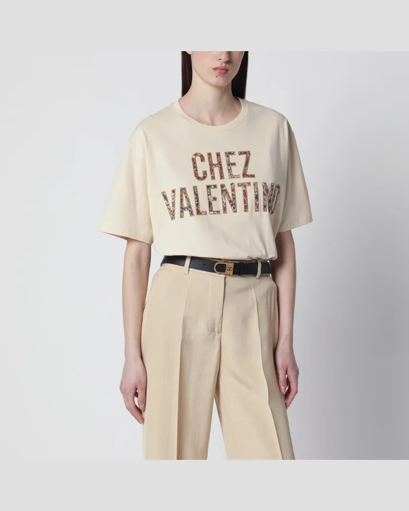 Valentino Garavani Elfenbeinfarbenes Baumwoll-T-Shirt mit Chez--Blumenmotiv Beige