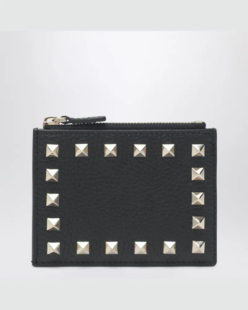 Valentino Garavani Rockstud Kartenetui mit Reißverschluss aus schwarzem Leder Black