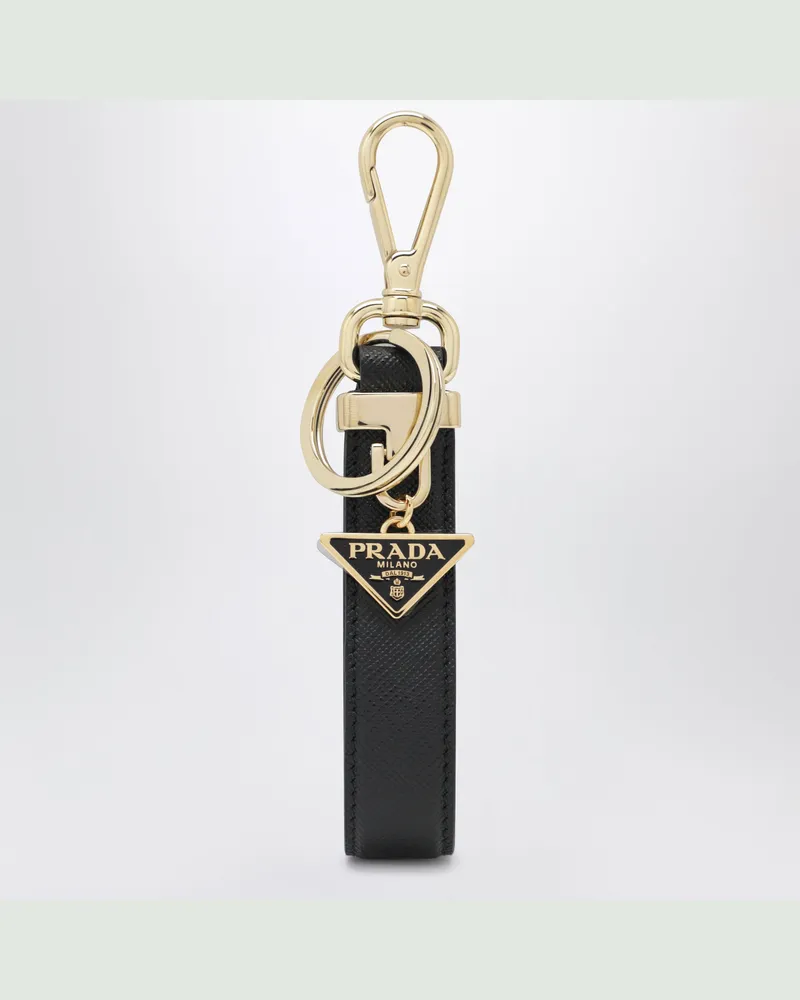 Prada Black Saffiano leather keyring with triangle logo Black