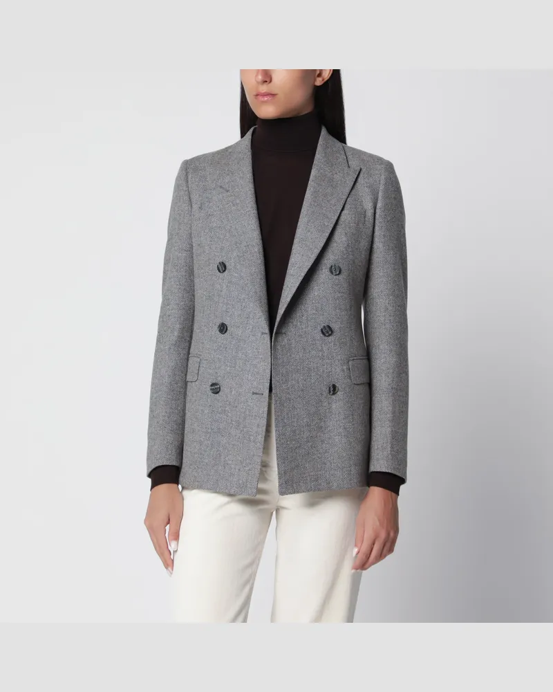 Tagliatore Doppelreihige graue Jacke mit Fischgrätmuster aus Wolle und Kaschmir Grey