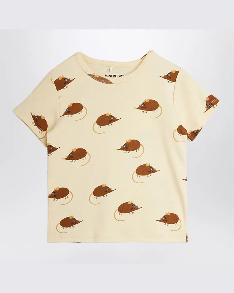 Mini Rodini Beiges Kurzarm-T-Shirt mit Mäuseprint Beige