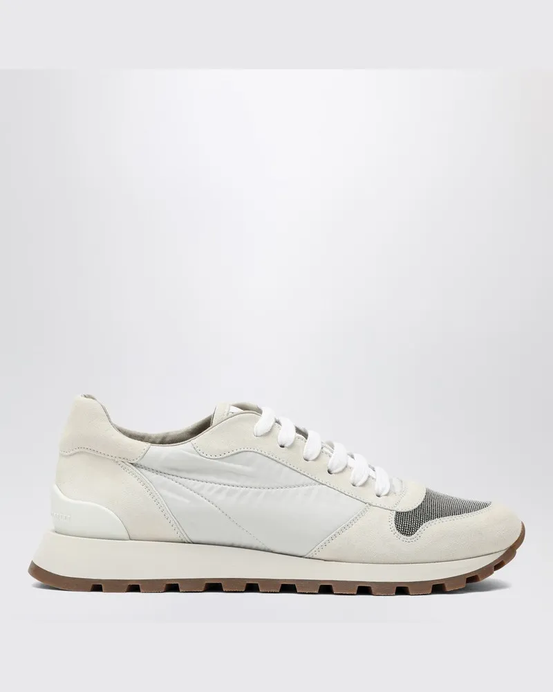 Brunello Cucinelli Weißer Trainer aus Nylon und Wildleder Grau