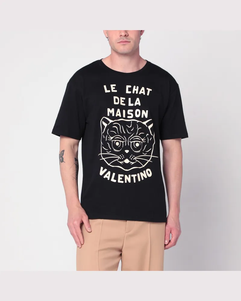Valentino Garavani Schwarzes T-Shirt mit Le Chat de la Maison-Druck Black