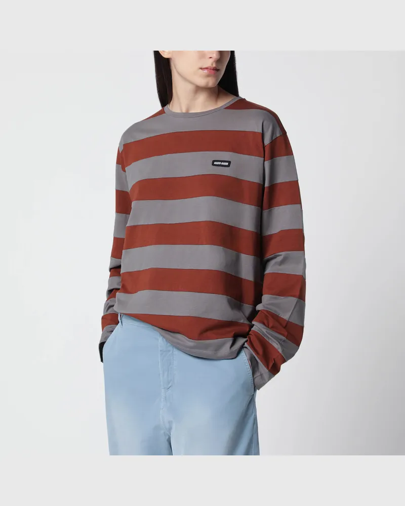 Miu Miu Gestreiftes T-Shirt aus Baumwolljersey in Eisen/Tabak Grey