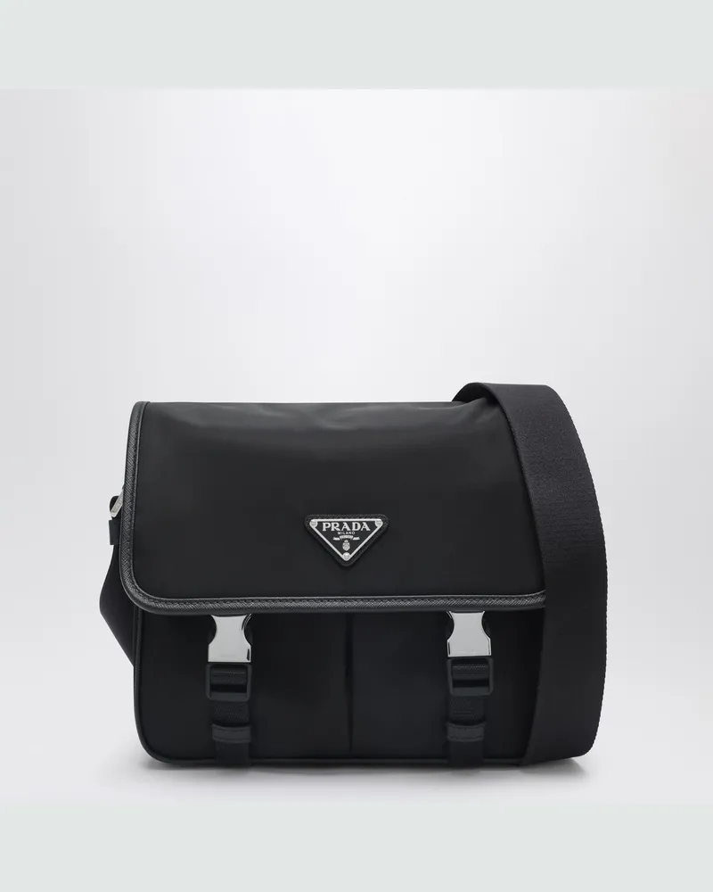 Prada Schwarze Schultertasche aus Re-Nylon und Saffiano-Leder Black