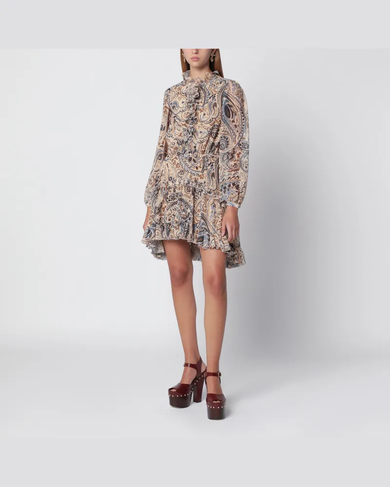 Etro Beiges Kleid mit Volants und mehrfarbigem Print Multicolor