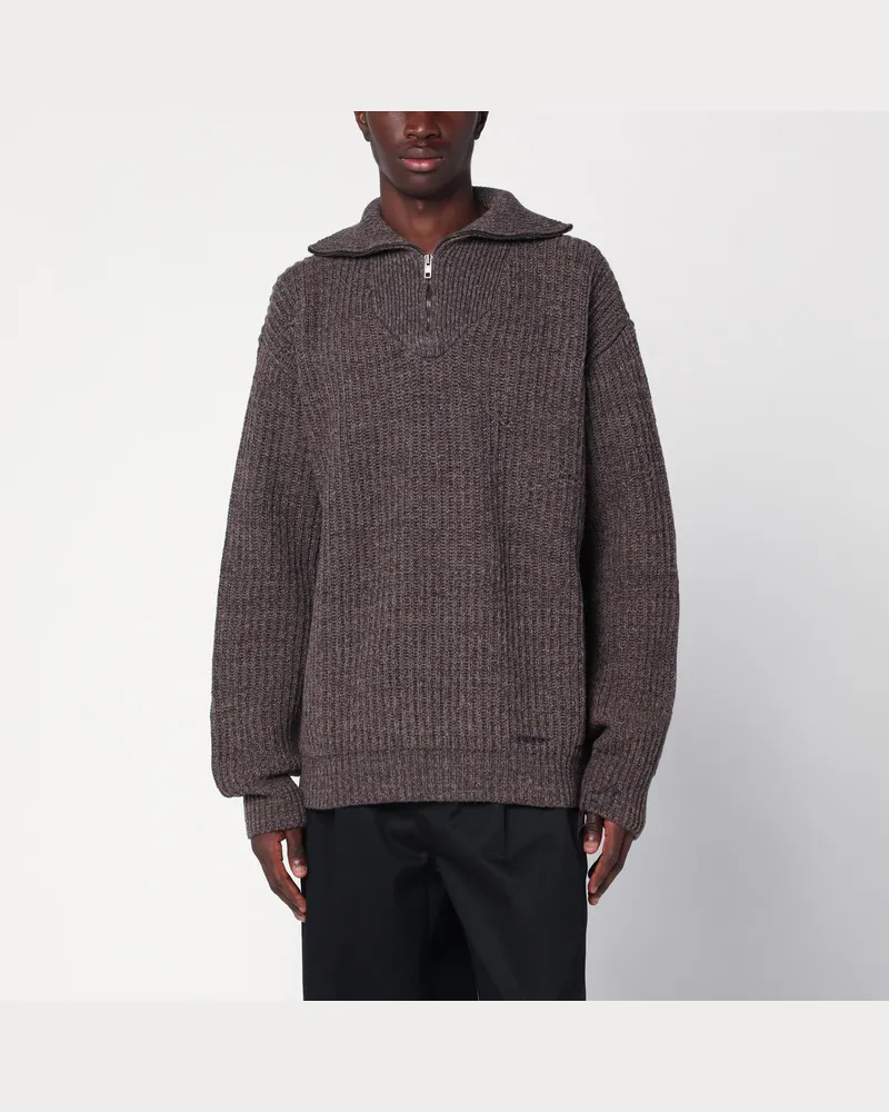 Maison Margiela Brauner Wollpullover mit Reißverschluss Brown