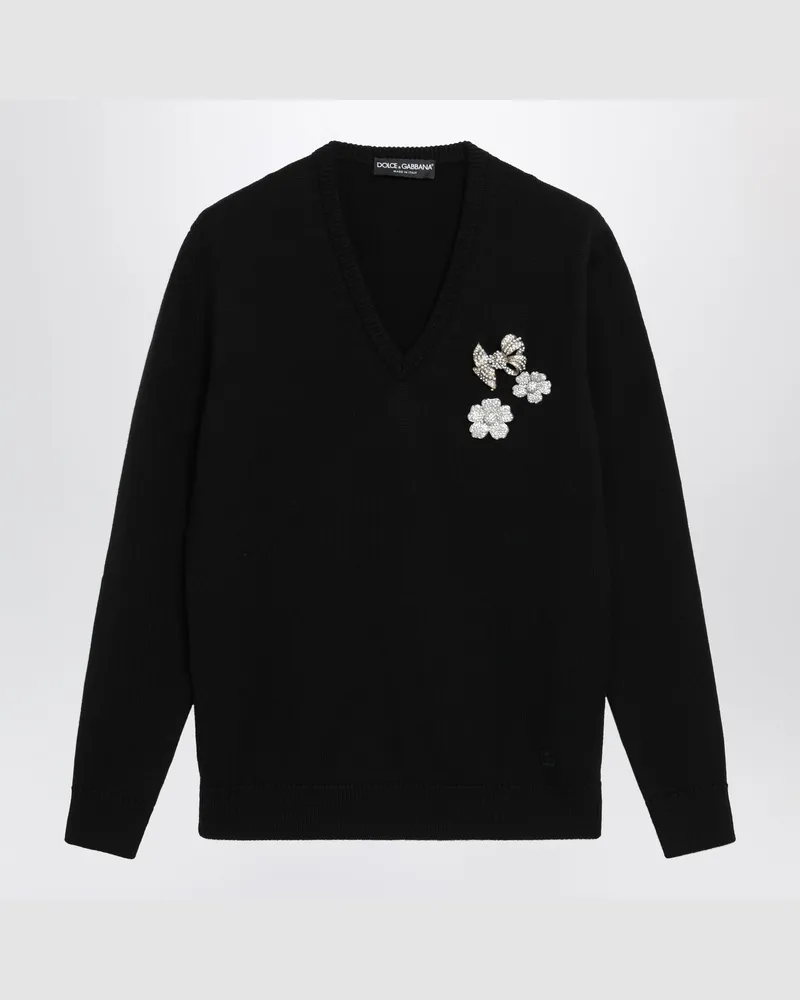 Dolce & Gabbana Pullover mit V-Ausschnitt, Stickerei, Wolle, schwarz Black