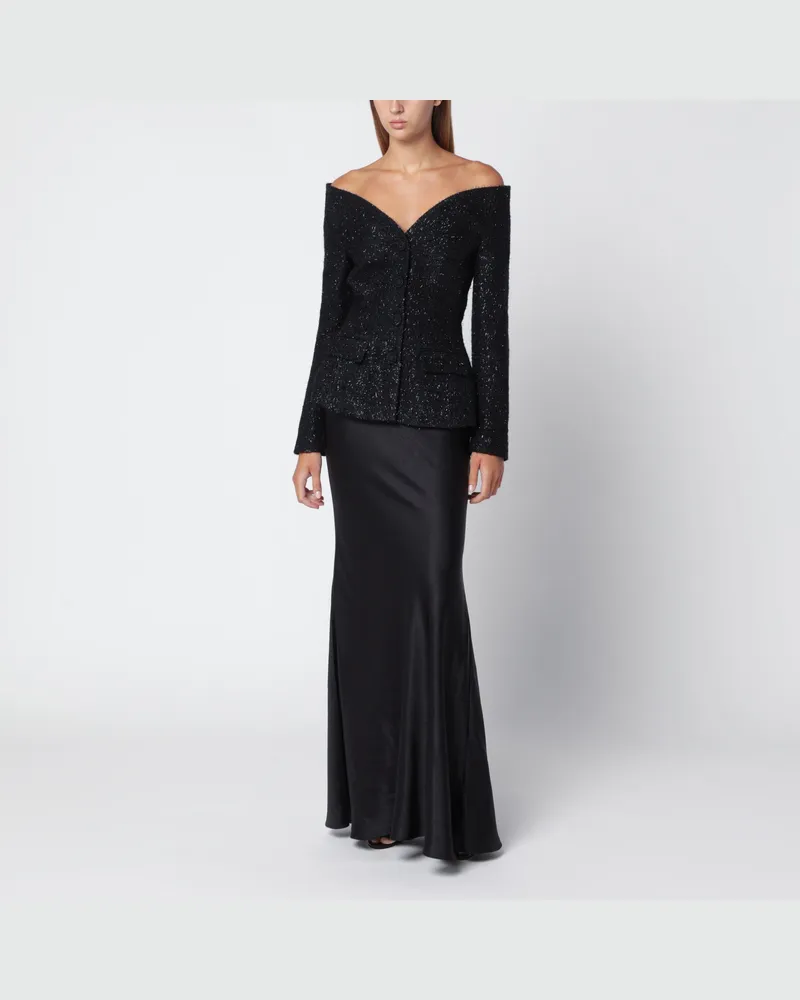 Self-Portrait Langes schwarzes Kleid aus metallischem Bouclé-Satin Black