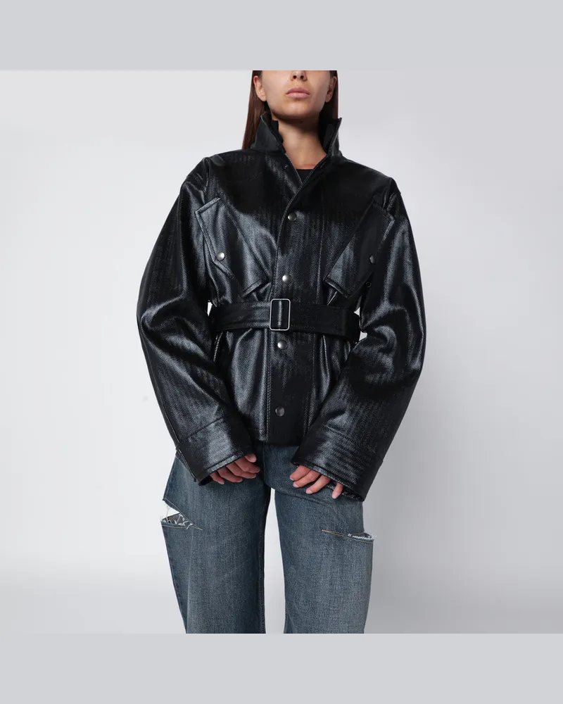 Maison Margiela Schwarze Jacke mit Gürtel aus laminiertem Baumwollstoff Black
