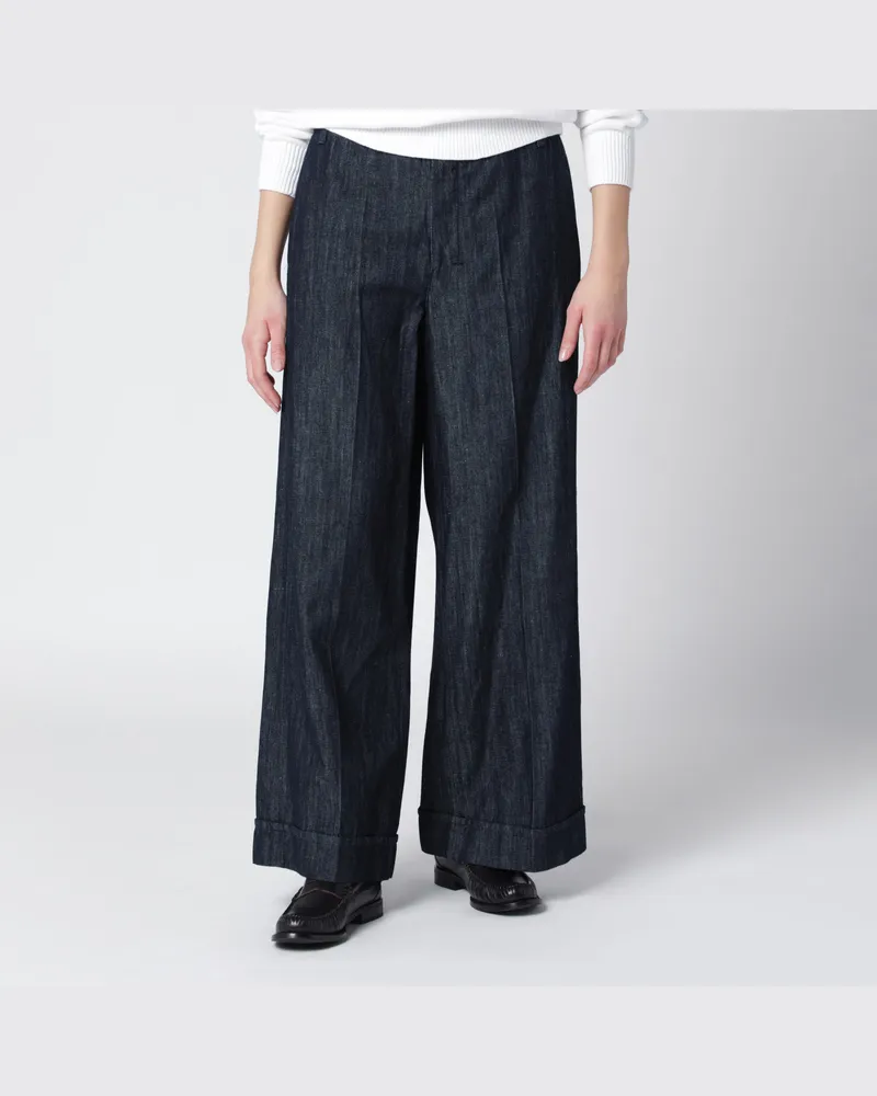 Max Mara Gerade Hose aus Baumwoll- und Leinen-Denim in Marineblau Blue