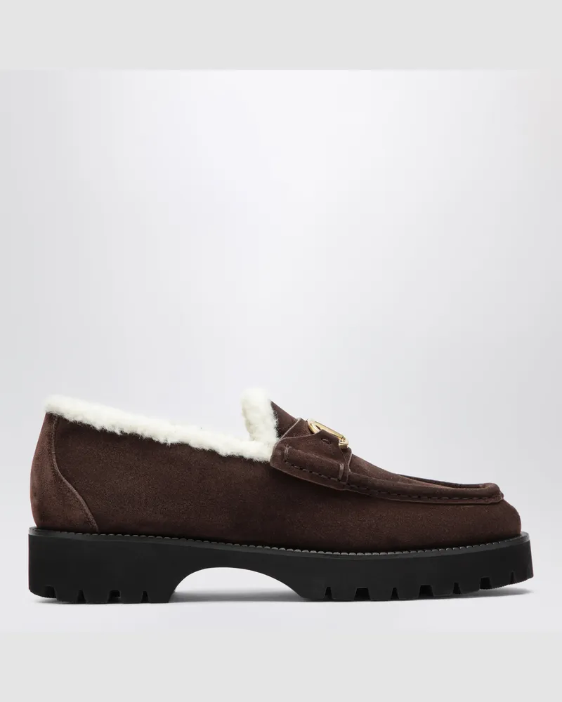 Valentino Garavani Braune VLogo Loafer aus Wildleder mit Shearling Brown