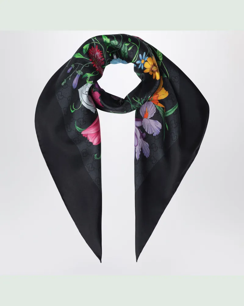 Gucci Carré aus Seidentwill mit GG Flora-Print in Schwarz Black