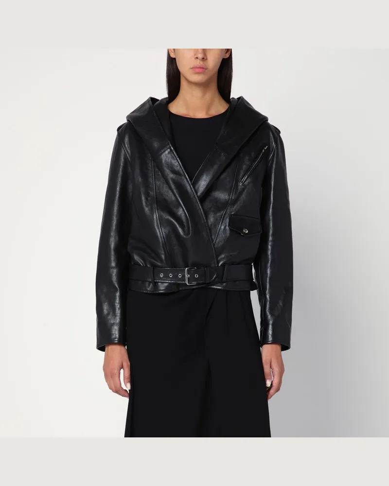 Alaïa Schwarze Bikerjacke aus Leder mit Kapuze Schwarz