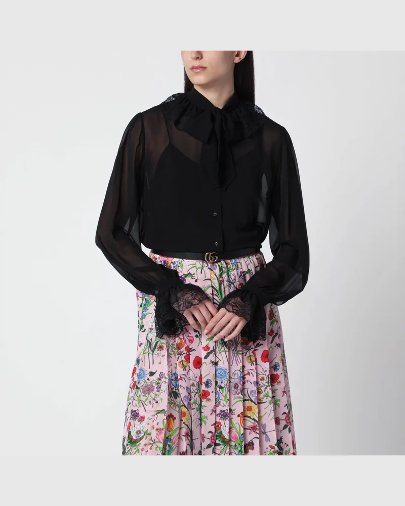 Gucci Seidengeorgette-Bluse mit Spitze und Schleife in Schwarz Black