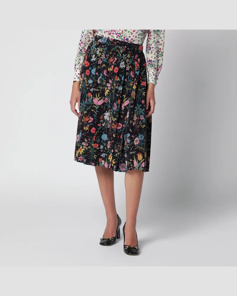 Gucci Plissierter Midirock aus Seide mit Flora-Print in Schwarz Black