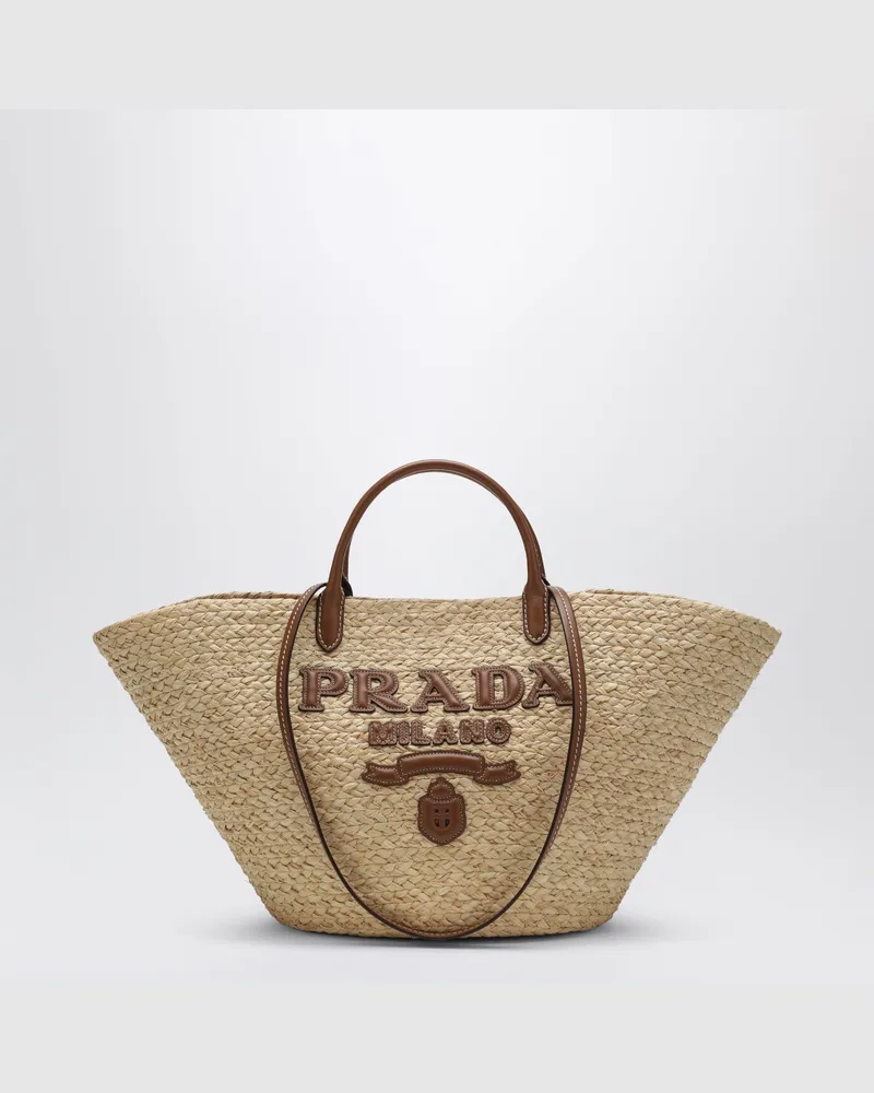 Prada Große Einkaufstasche aus Bast und Leder in Beige/Cognac Beige