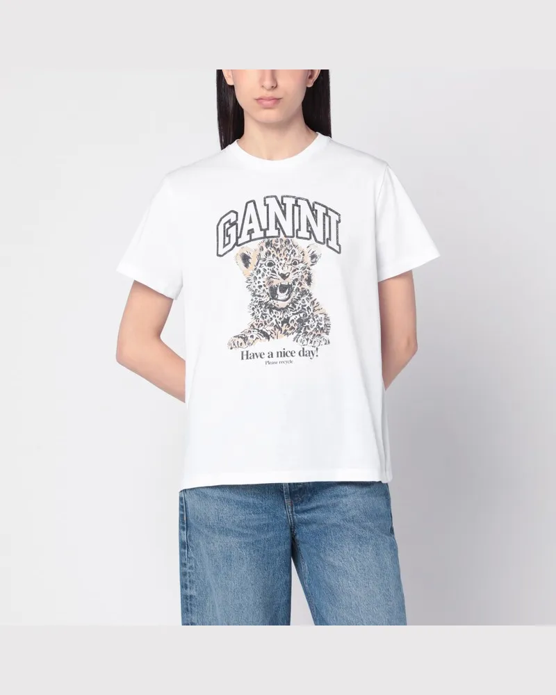 Ganni Weißes T-Shirt mit Leopardenmuster Mehrfarbig