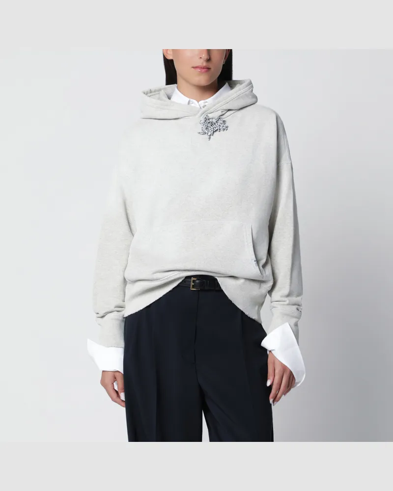 Prada Marble Cotton Hoodie with Jewel Brooch Beige